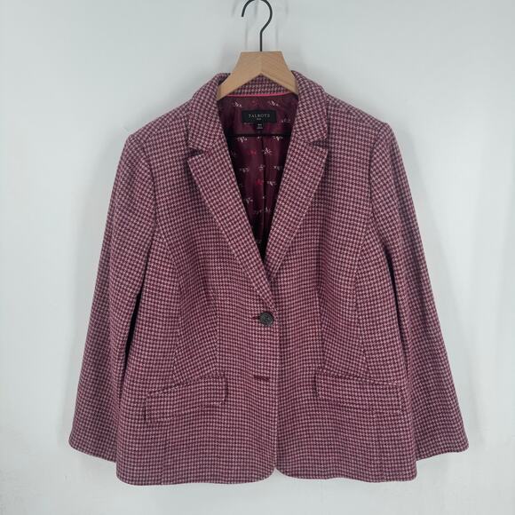Talbots Pink Houndstooth Print Shetland Wool Two Button Blazer Jacket Size 16W - Picture 2 of 10